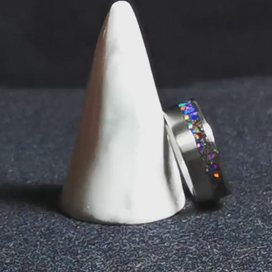 Titanium Offset 8mm Channel Ring w/Meteorite and Opal inlay - metal ring