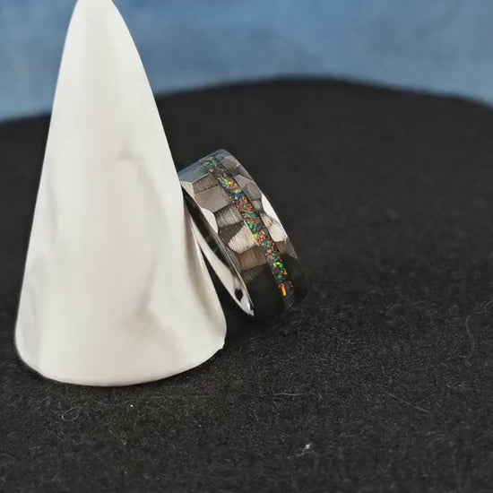 Hammered Tungsten Carbide Channel Ring w/offset Opal inlay - metal ring