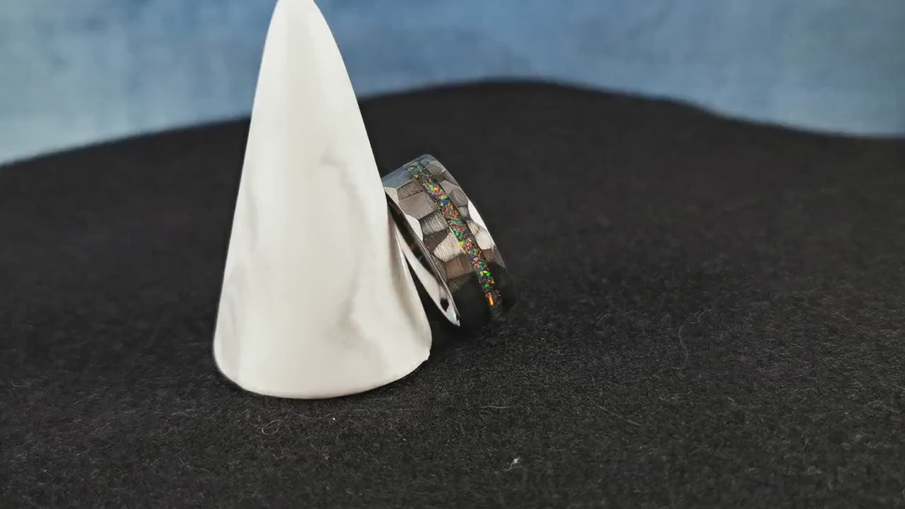 Hammered Tungsten Carbide Channel Ring w/offset Opal inlay - metal ring