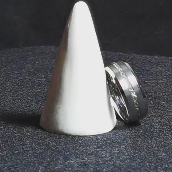 Thin Line Tungsten Carbide Channel Ring w/Meteorite and White Brass inlay - metal ring
