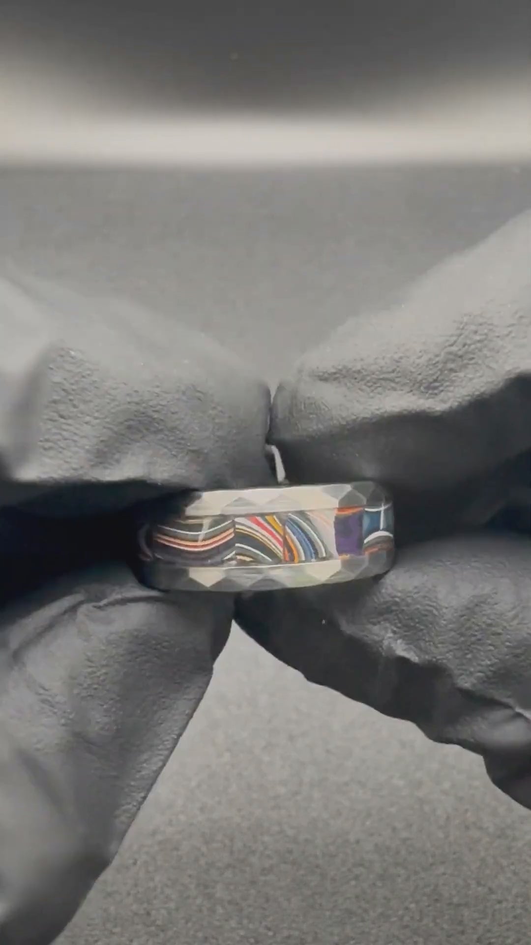 Hammered Tungsten Carbide Ring with Handset Contemporary Mustang Fordite inlay