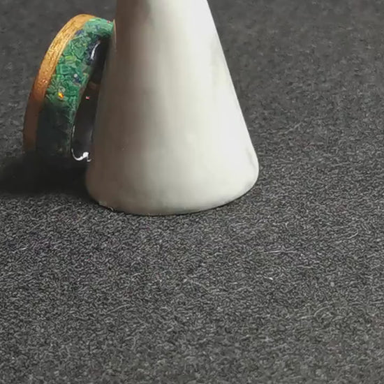 Bentwood Ring - Okoume w/Live Edge Stone and Opal blend inlay, on Polished Black Ceramic inner core - wood ring