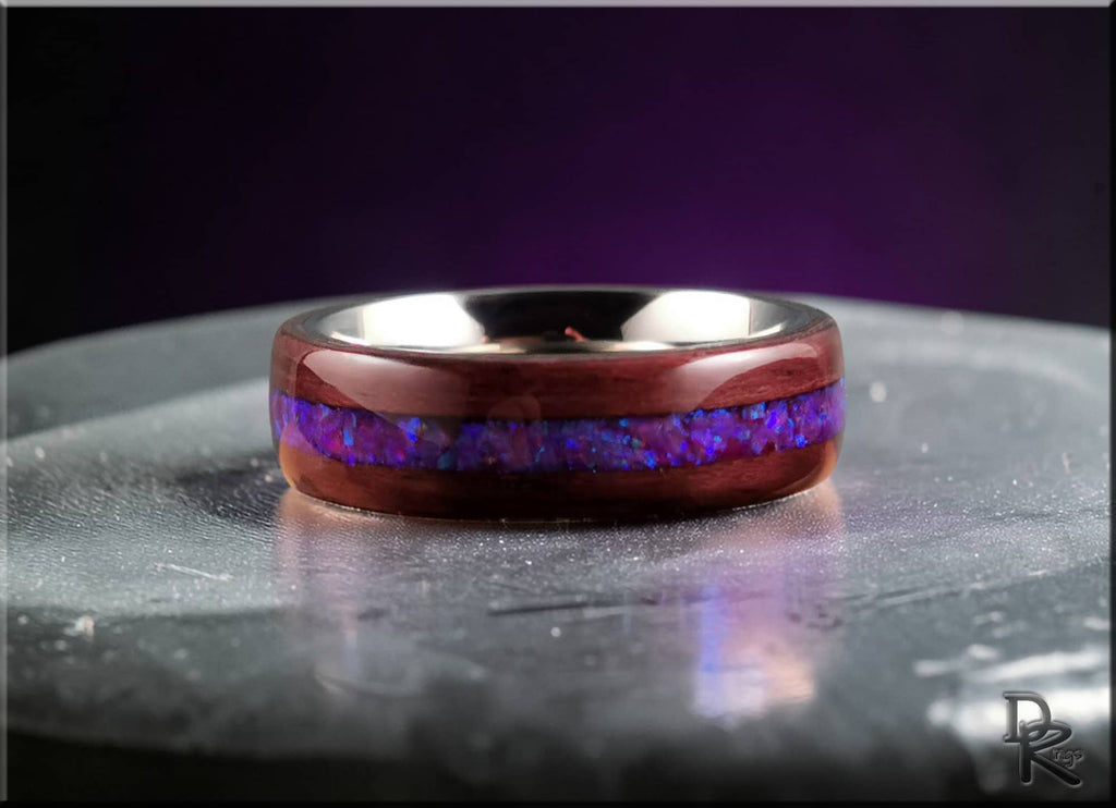 DR Rings purpleheart wood ring with opal inlay showcasing vibrant blue and purple colors