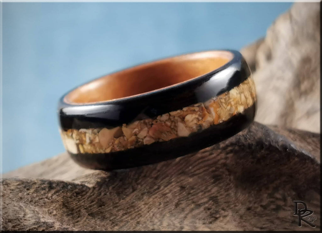 DR Rings wooden ring with black edges and cork inlay showing how to get rid of water ring on wood