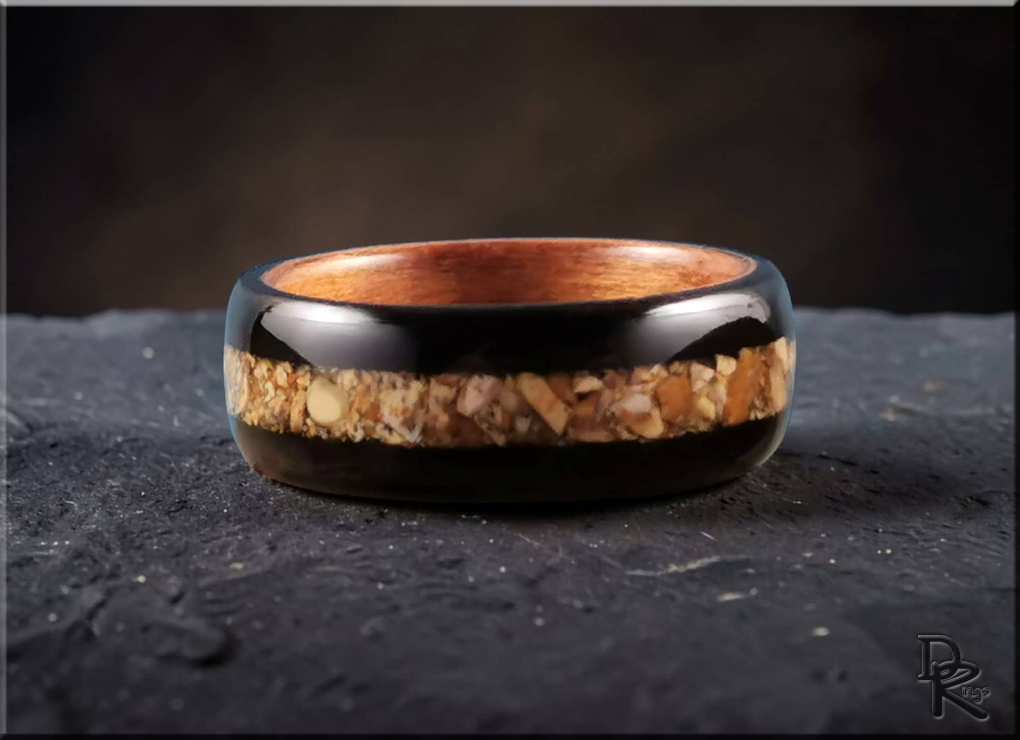 DR Rings wooden ring with black glossy finish and natural wood inlay on dark textured surface how to get rid of water ring on wood