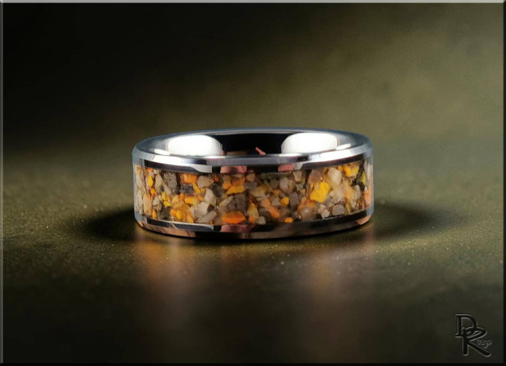 DR Rings tungsten ring with jasper inlay featuring a polished silver band and multicolor stone accents