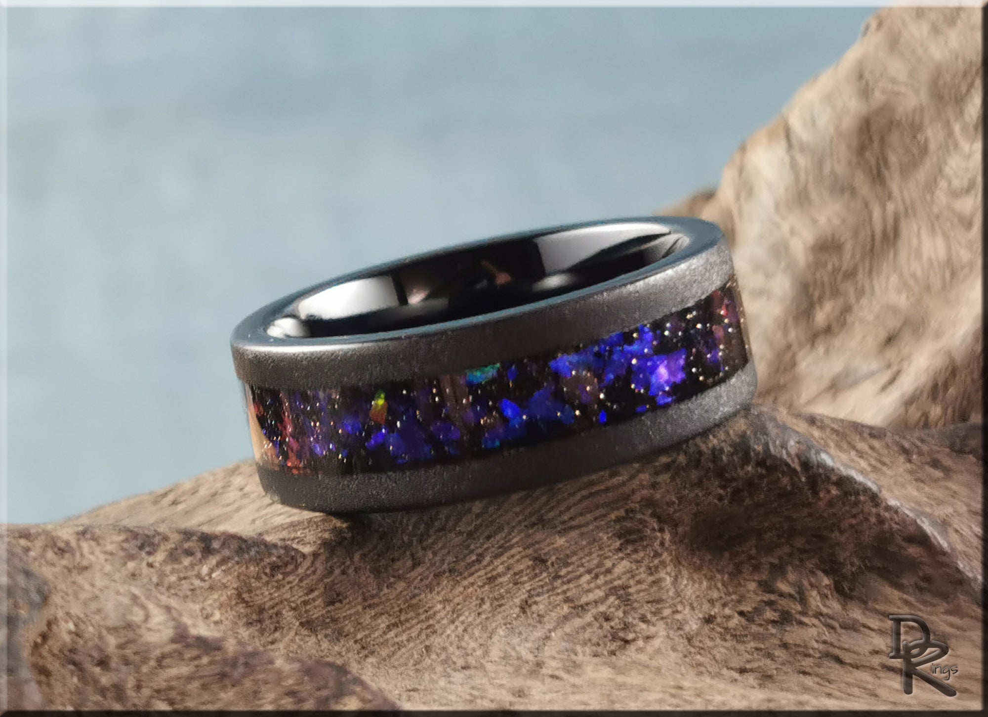 Sandblasted Black Tungsten Carbide Ring with Celestial Sandstone Inlay