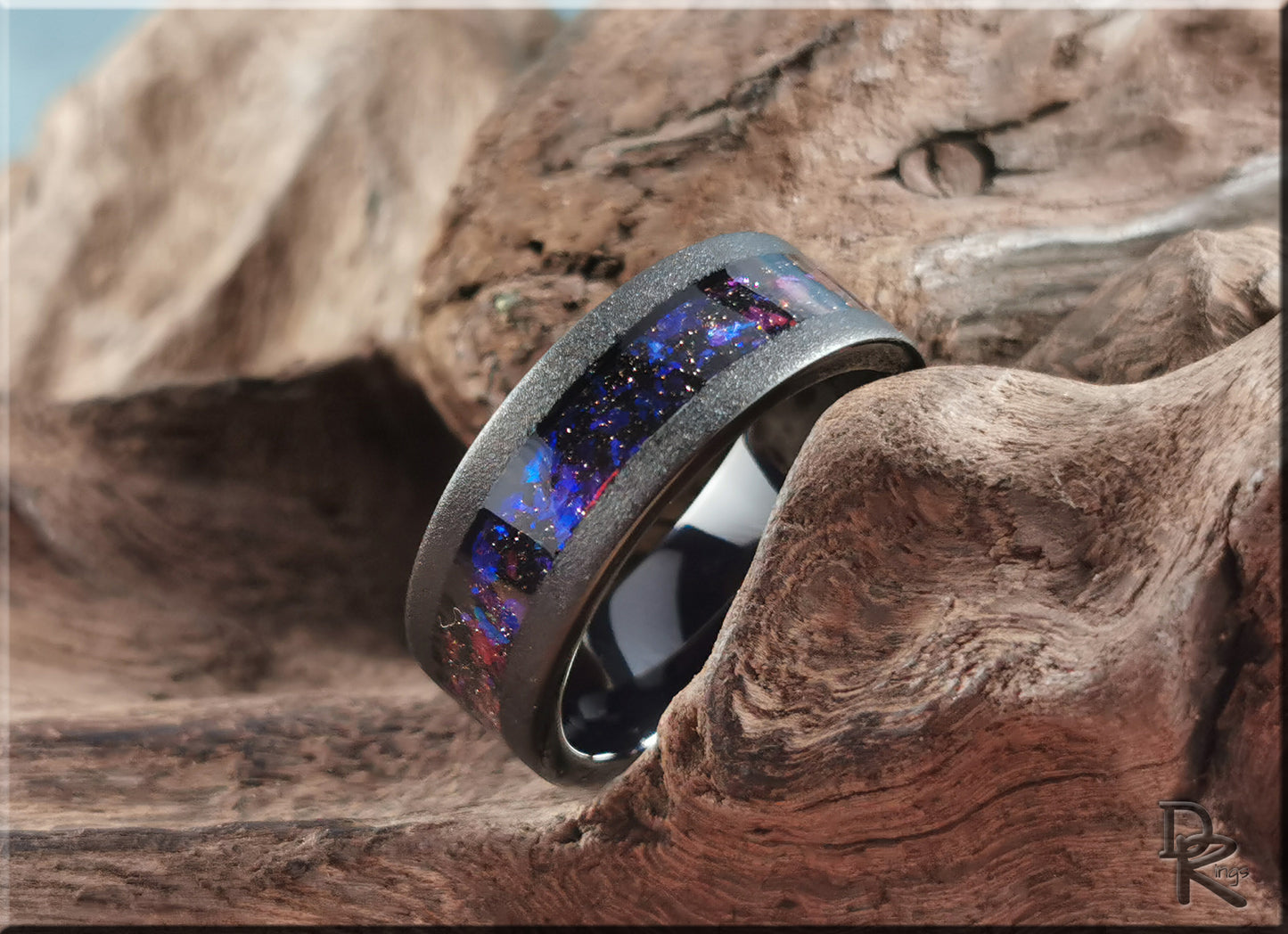 Sandblasted Black Tungsten Carbide Channel Ring w/Celestial Sandstone inlay - tungsten ring