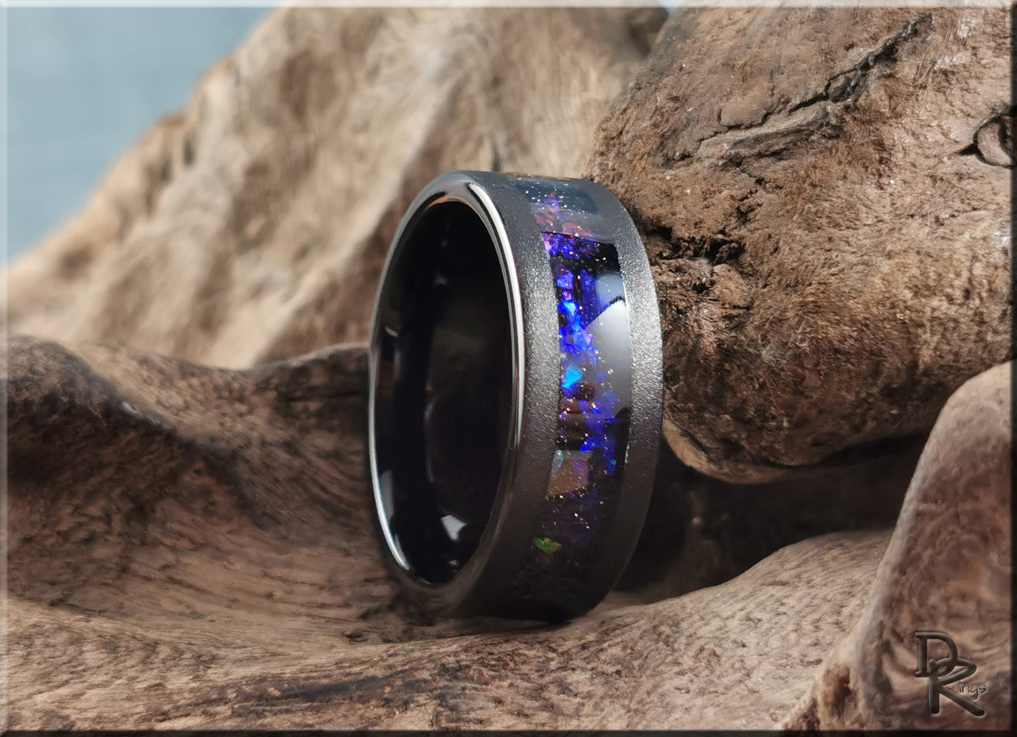 Sandblasted Black Tungsten Carbide Ring with Celestial Sandstone Inlay