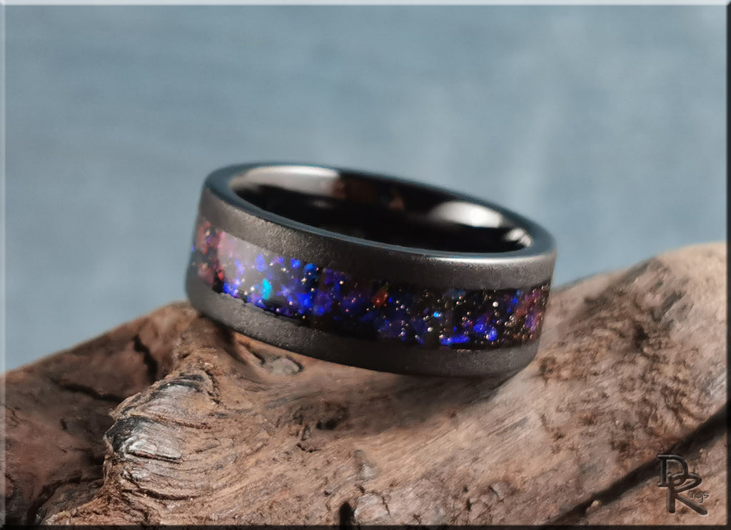 Sandblasted Black Tungsten Carbide Ring with Celestial Sandstone Inlay