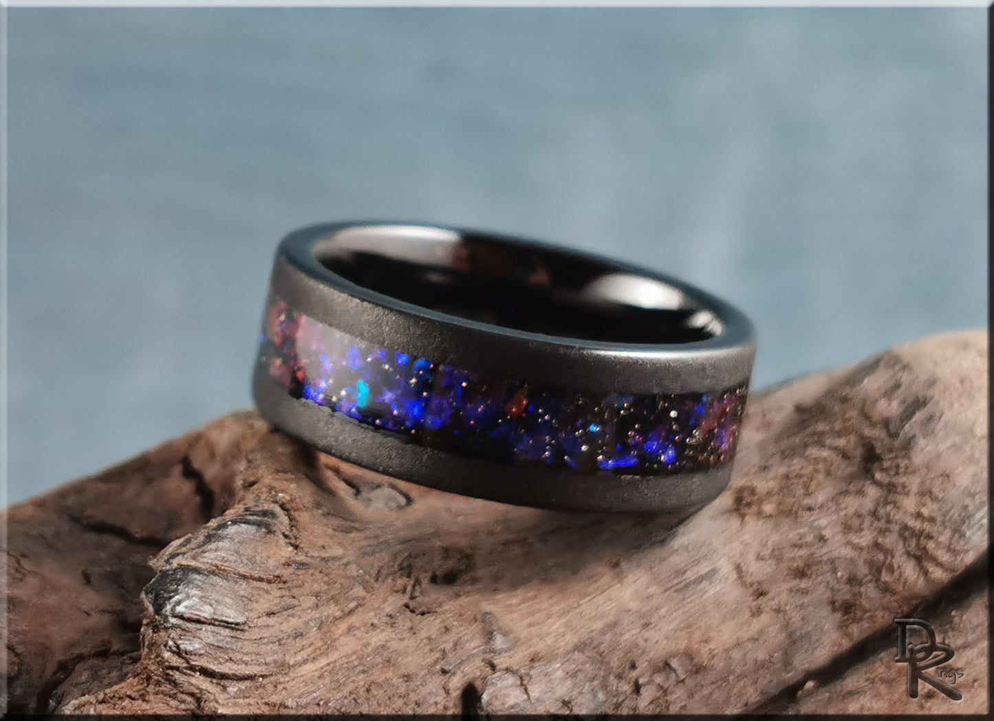 Sandblasted Black Tungsten Carbide Channel Ring w/Celestial Sandstone inlay - tungsten ring