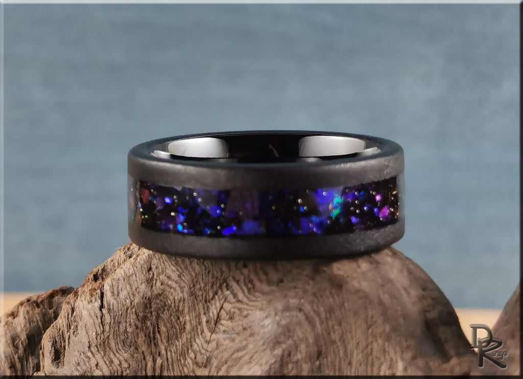 Sandblasted Black Tungsten Carbide Ring with Celestial Sandstone Inlay