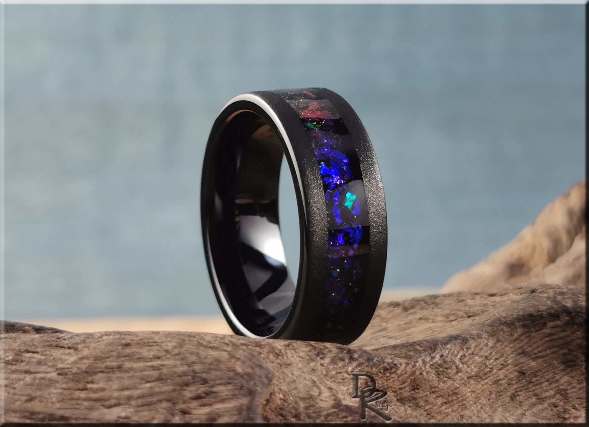 Sandblasted Black Tungsten Carbide Ring with Celestial Sandstone Inlay