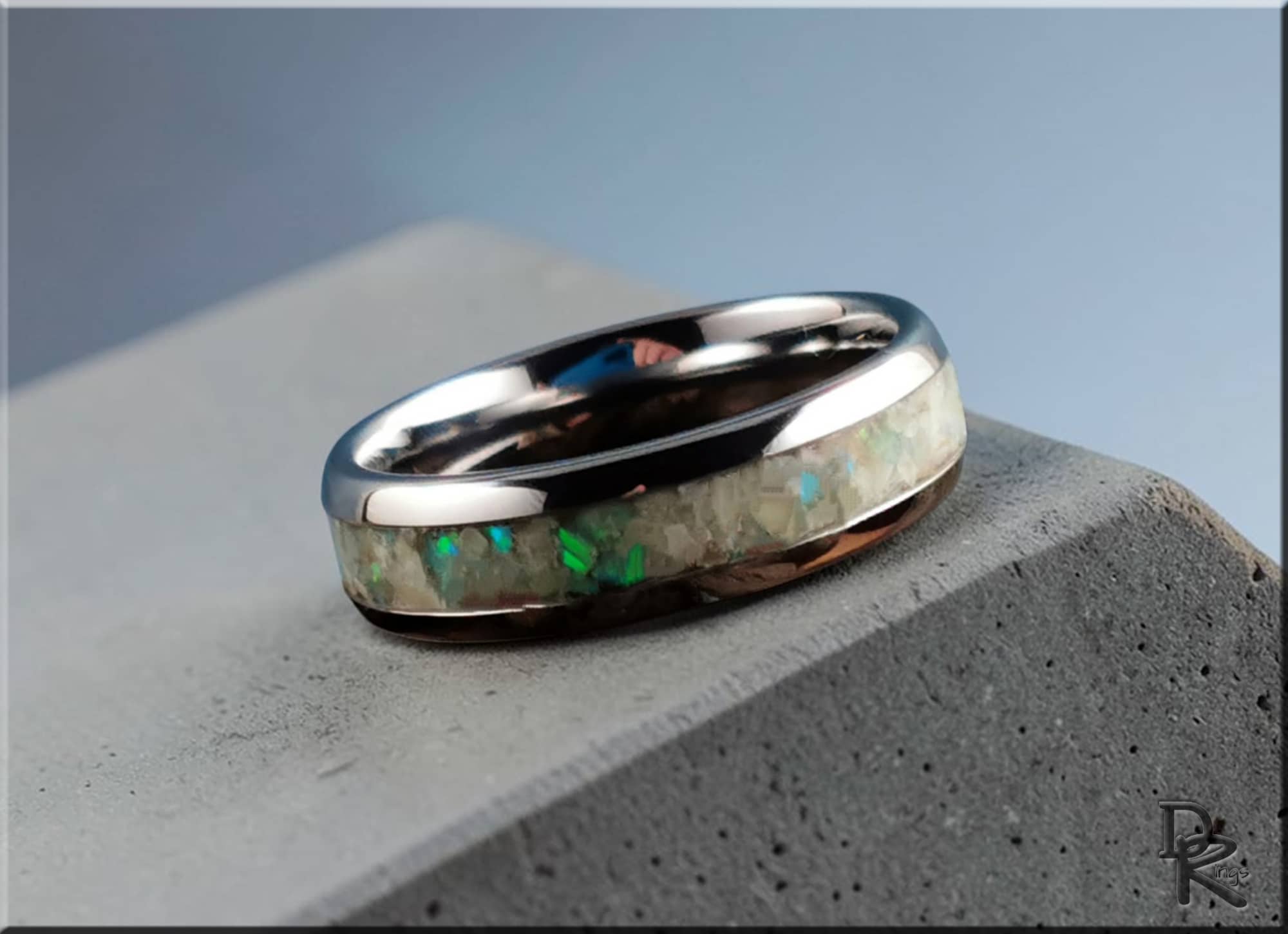 Tungsten Carbide Ring with Lemon Serpentine and Opal Inlay