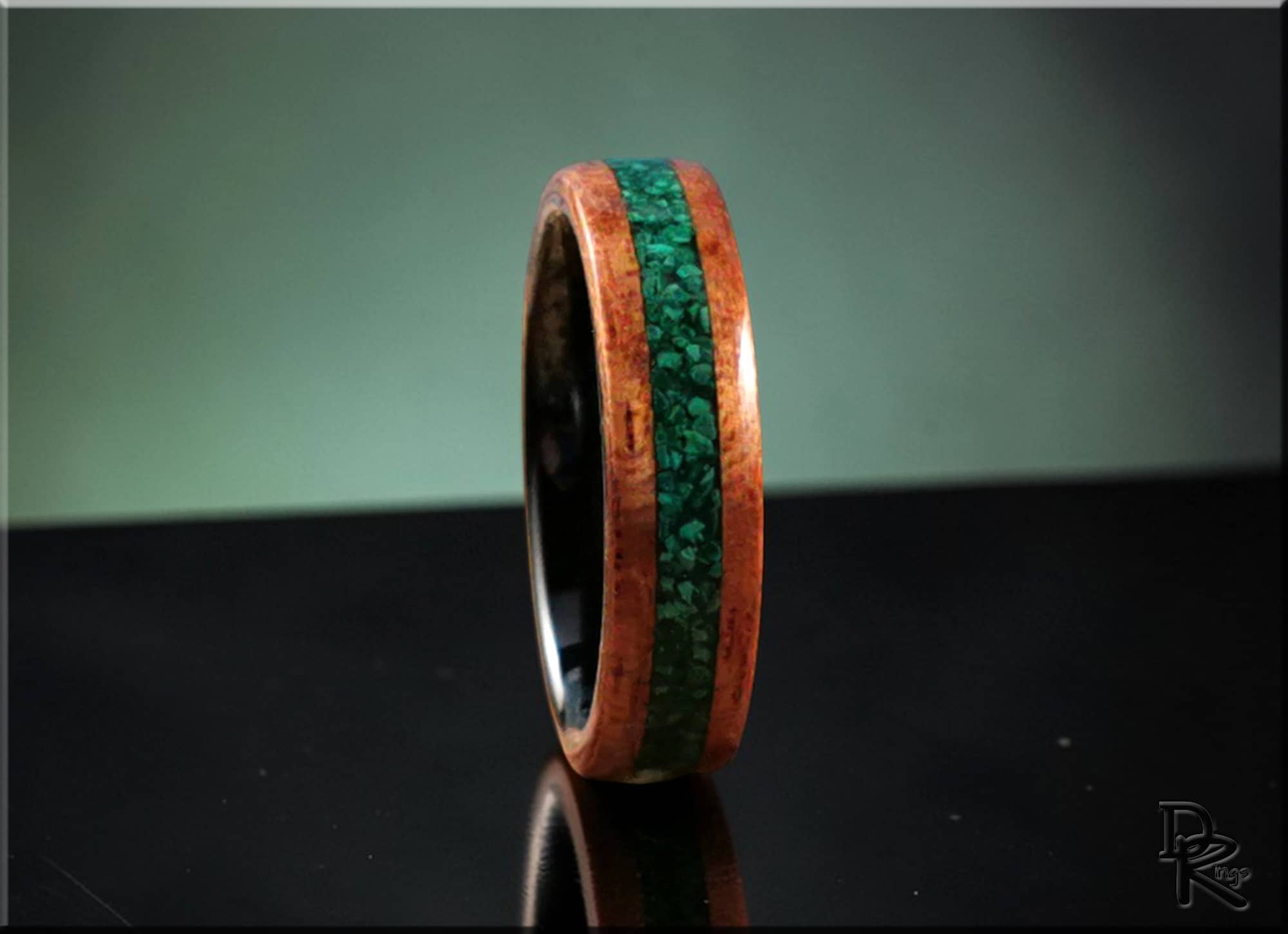 Bentwood Ring: Spanish Cedar with Green Malachite inlay, black ceramic core