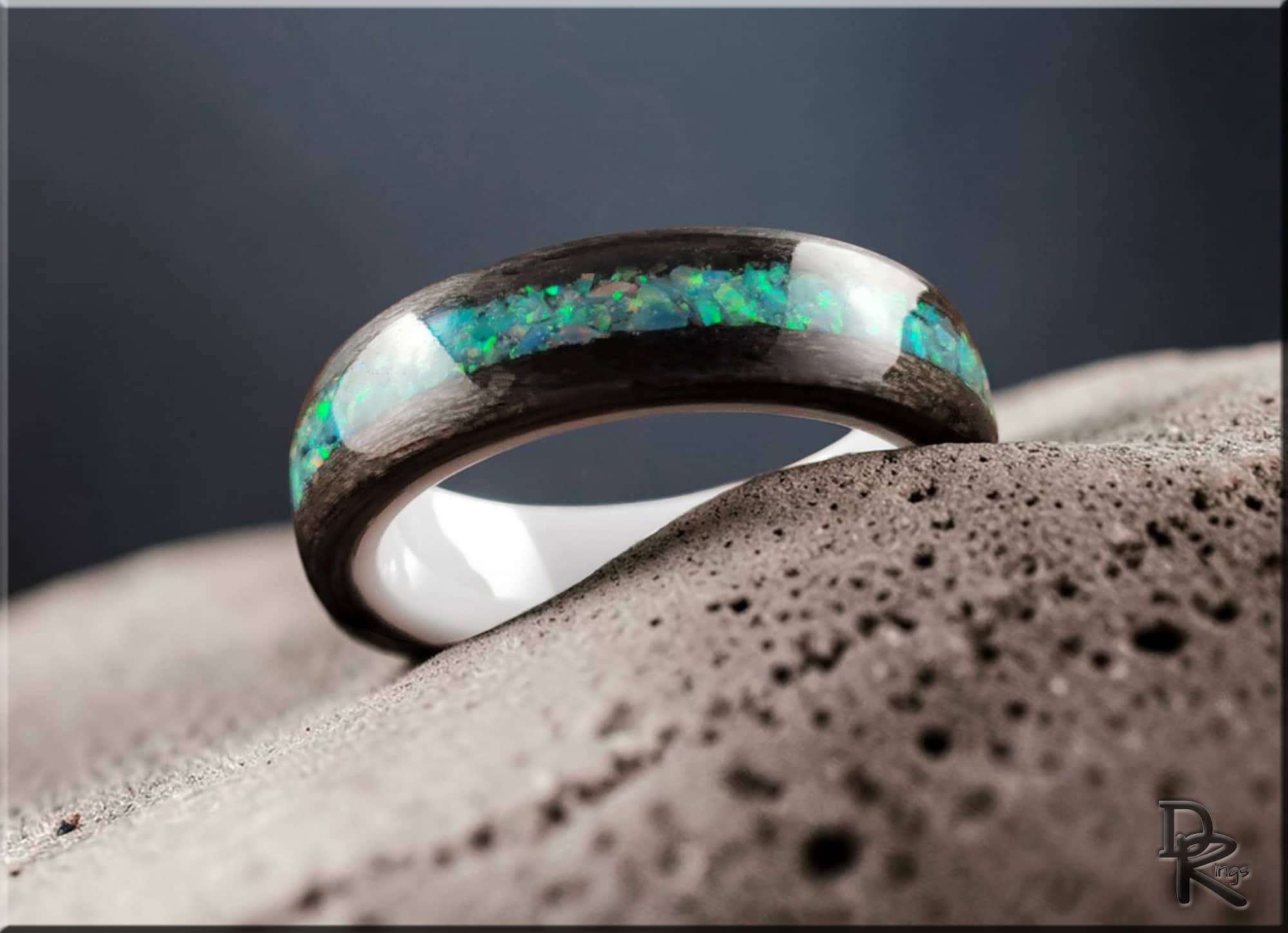 Bentwood Ring: Grey Sycamore with Opal Inlay, Ceramic Core