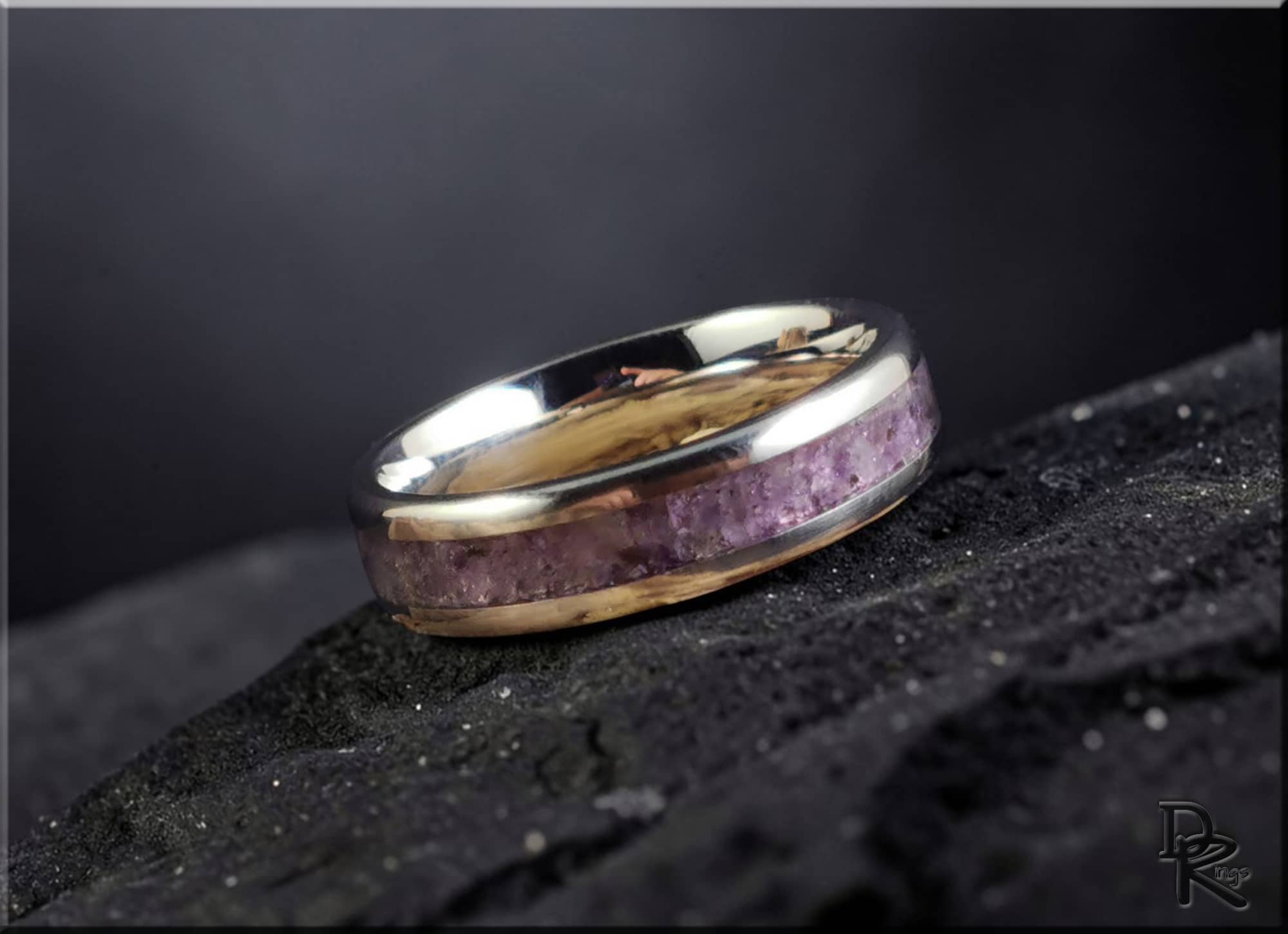 DR Rings titanium ring with amethyst inlay featuring a polished silver band and purple stone detail