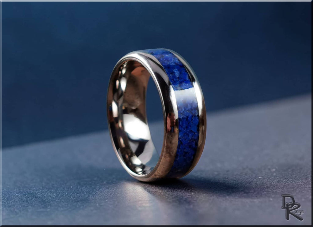 DR Rings titanium ring with lapis featuring a polished silver band and deep blue lapis inlay