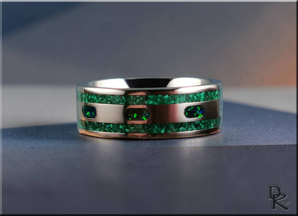 Titanium Ring with Green Malachite and Opal Inlays