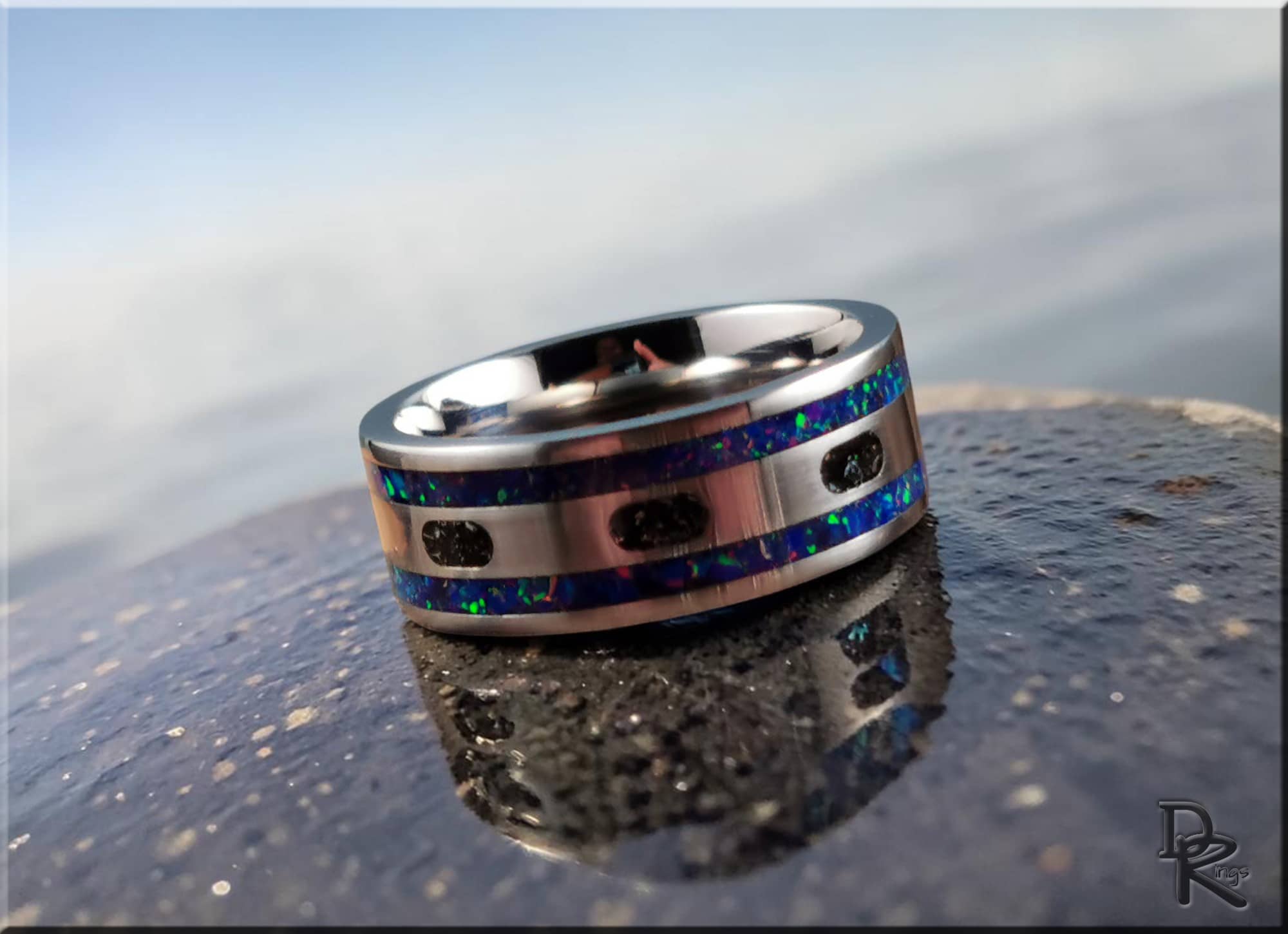 Titanium Ring with Meteorite and Opal Inlays