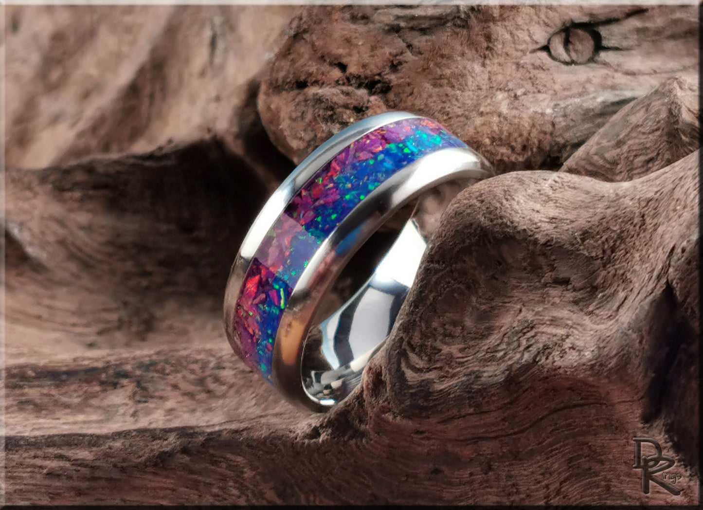 Titanium 'Dusk Skies' 8mm Channel Ring w/Blended Opal inlay - metal ring