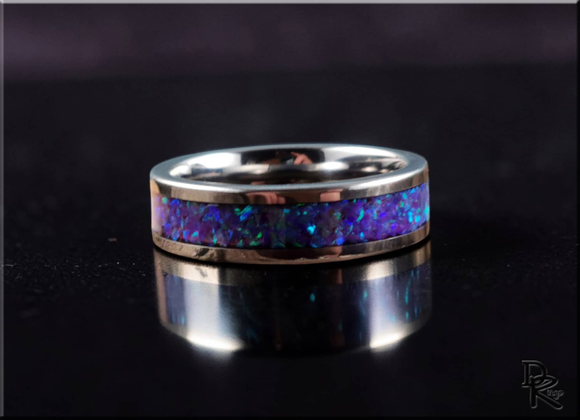 DR Rings super titanium ring with inlay featuring a vibrant blue and purple opal design