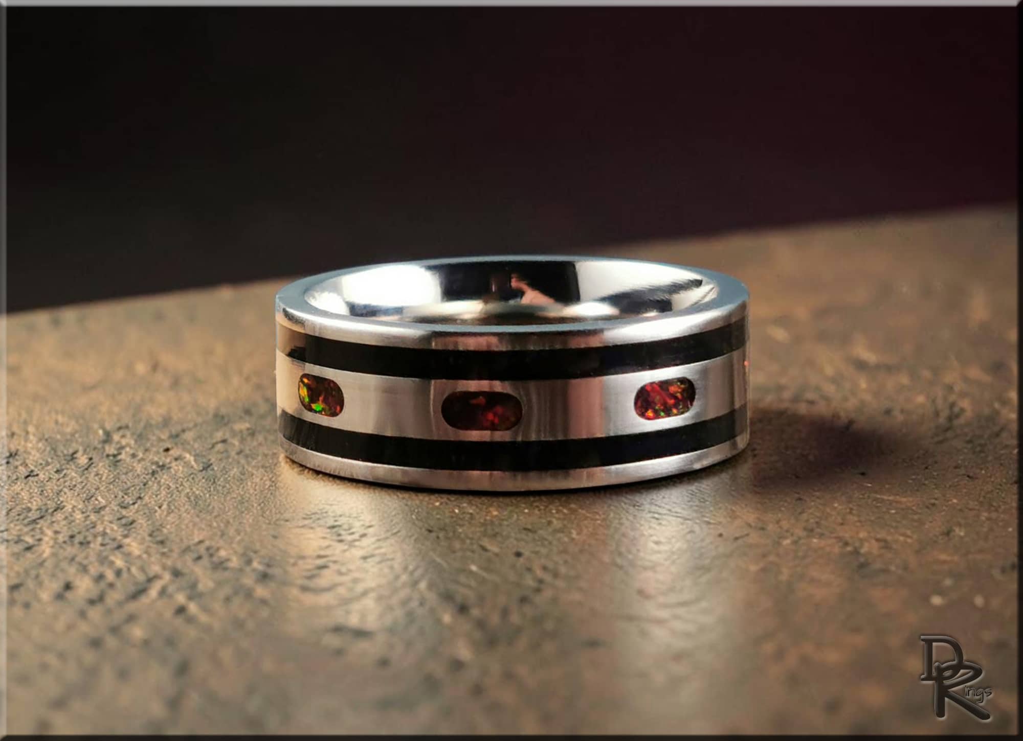 Titanium Ring with Tourmaline and Opal Inlays