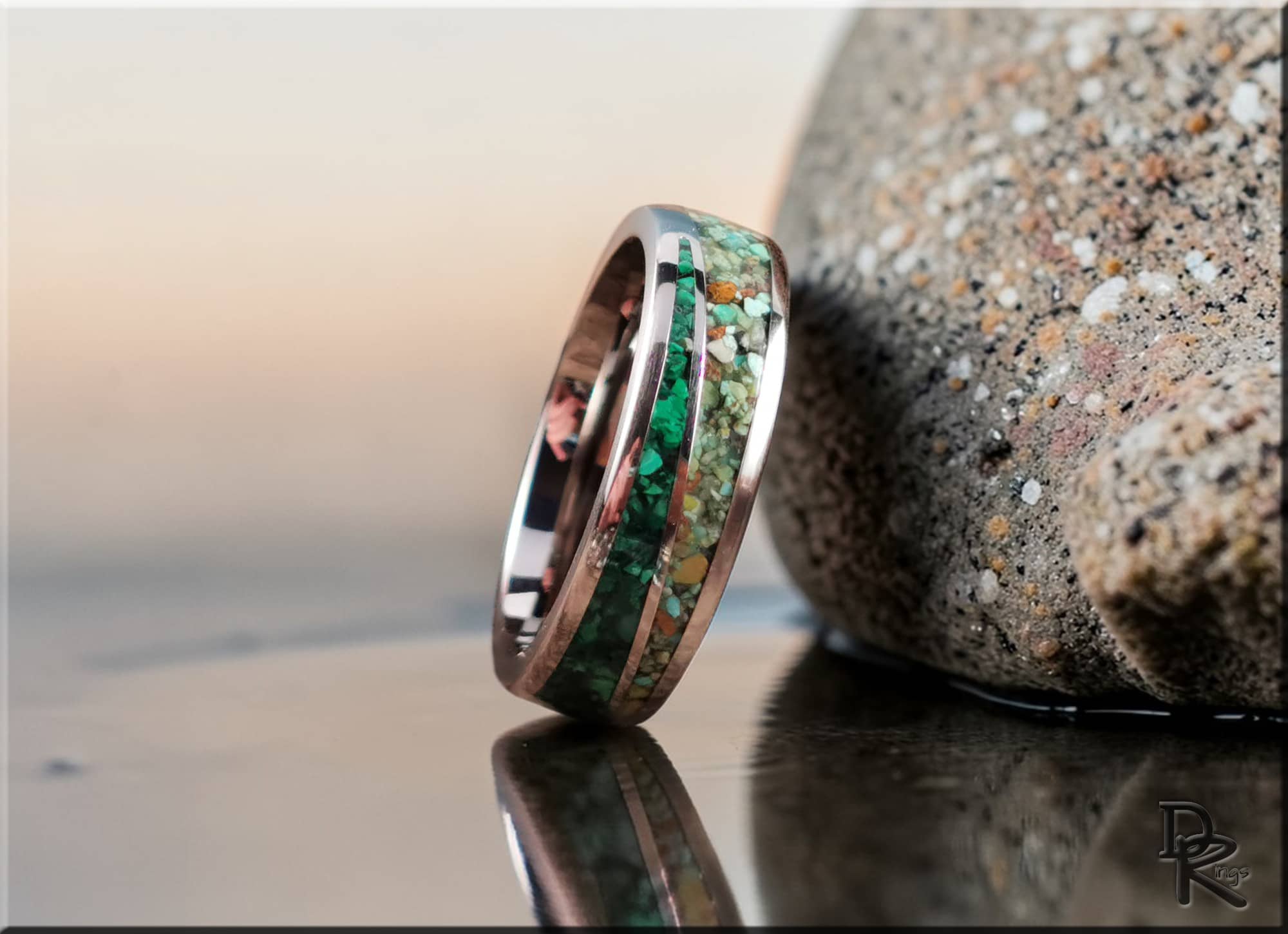 Titanium Twist Ring with Malachite and Green Turquoise Inlays
