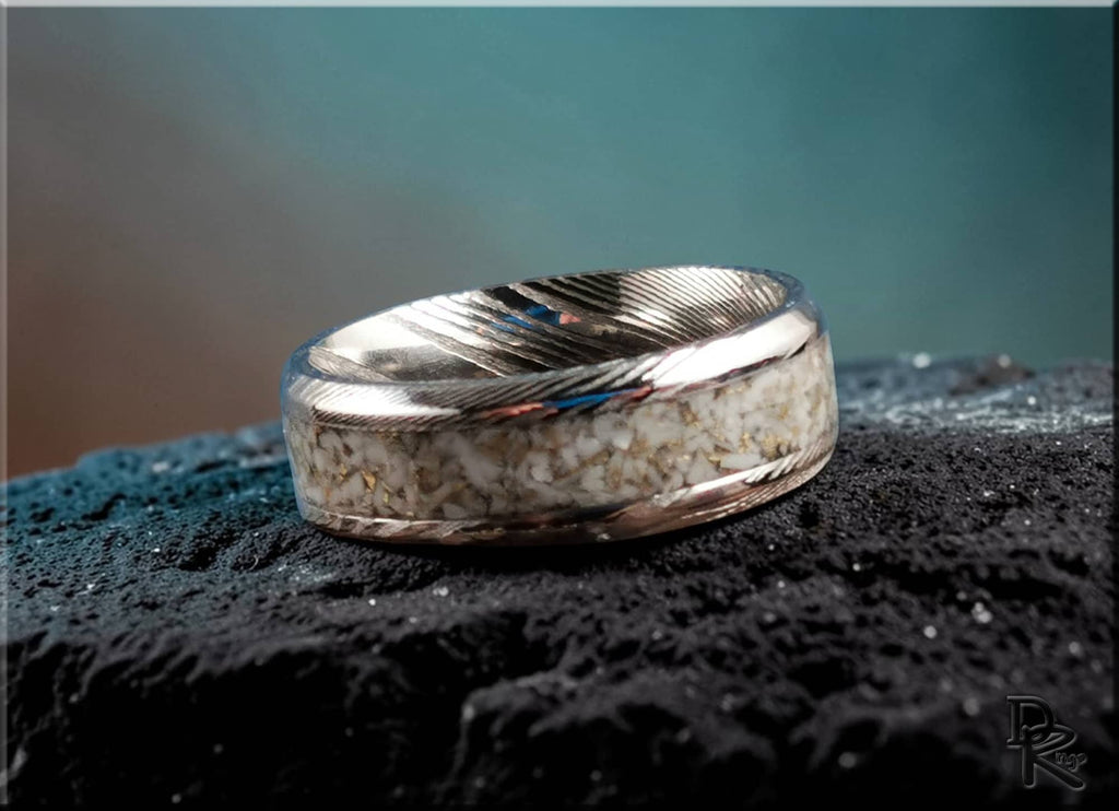 Damascus Steel Ring with White and Gold TruStone inlay