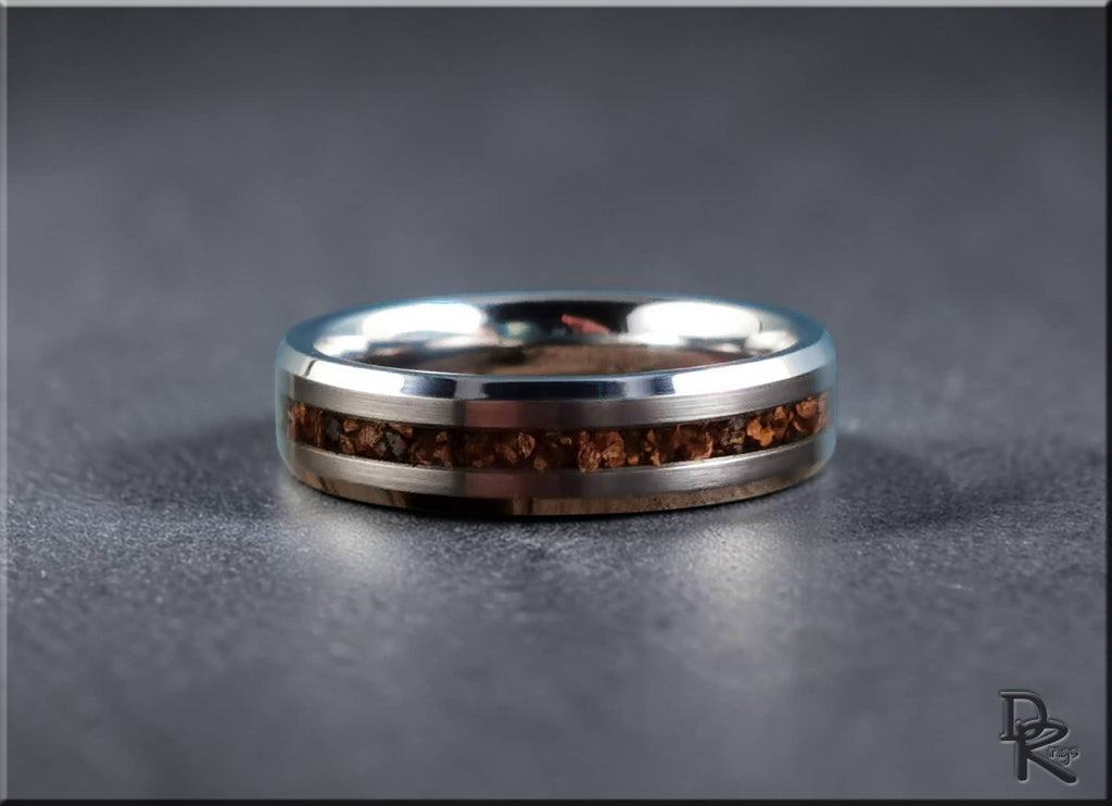 DR Rings tungsten carbide ring with inlay featuring a polished silver band and brown textured center