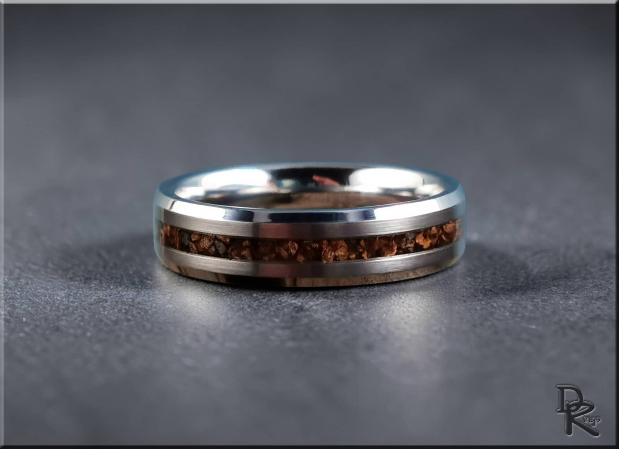 DR Rings tungsten carbide ring with inlay featuring a polished silver band and brown textured center