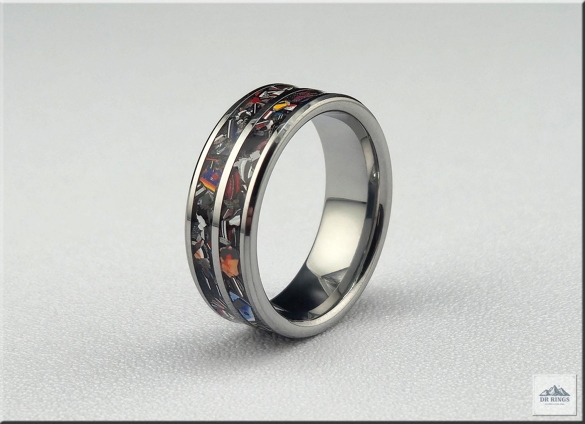 Tungsten Carbide Ring with dual Vintage Fordite inlays