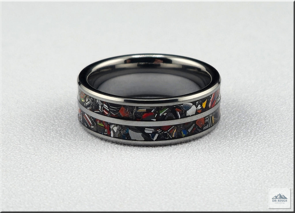 Tungsten Carbide Ring with dual Vintage Fordite inlays