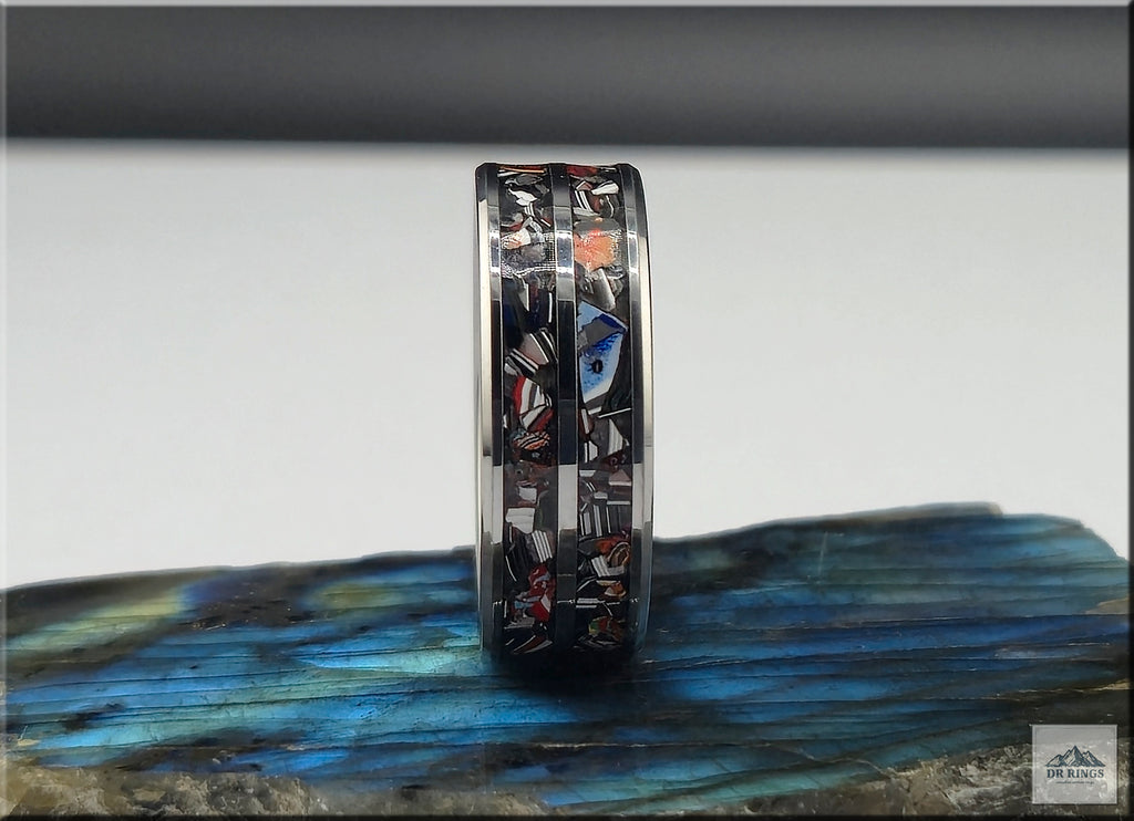 Tungsten Carbide Ring with dual Vintage Fordite inlays