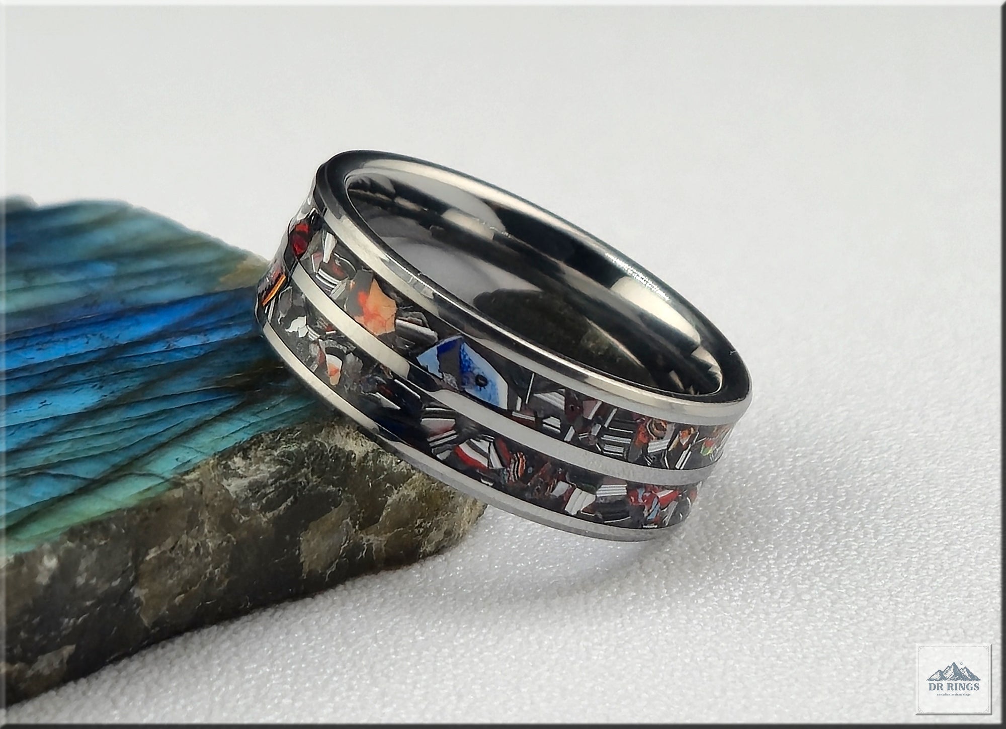 Tungsten Carbide Ring with dual Vintage Fordite inlays