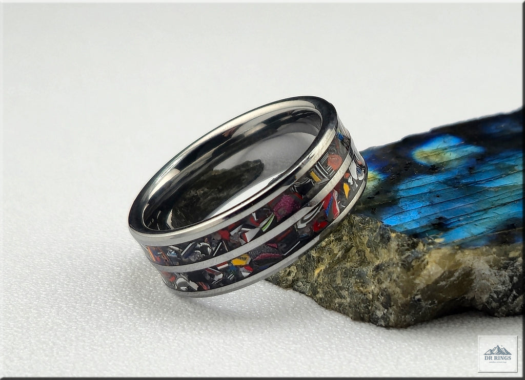 Tungsten Carbide Ring with dual Vintage Fordite inlays