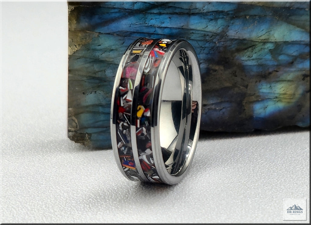 Tungsten Carbide Ring with dual Vintage Fordite inlays