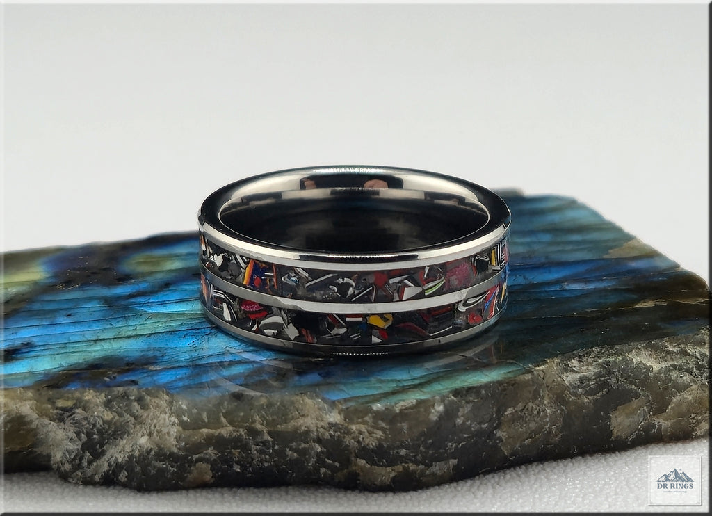 Tungsten Carbide Ring with dual Vintage Fordite inlays