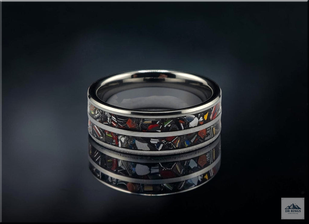 Tungsten Carbide Ring with dual Vintage Fordite inlays
