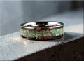Tungsten ring with opal and glow by DR Rings featuring iridescent inlay and polished metal finish