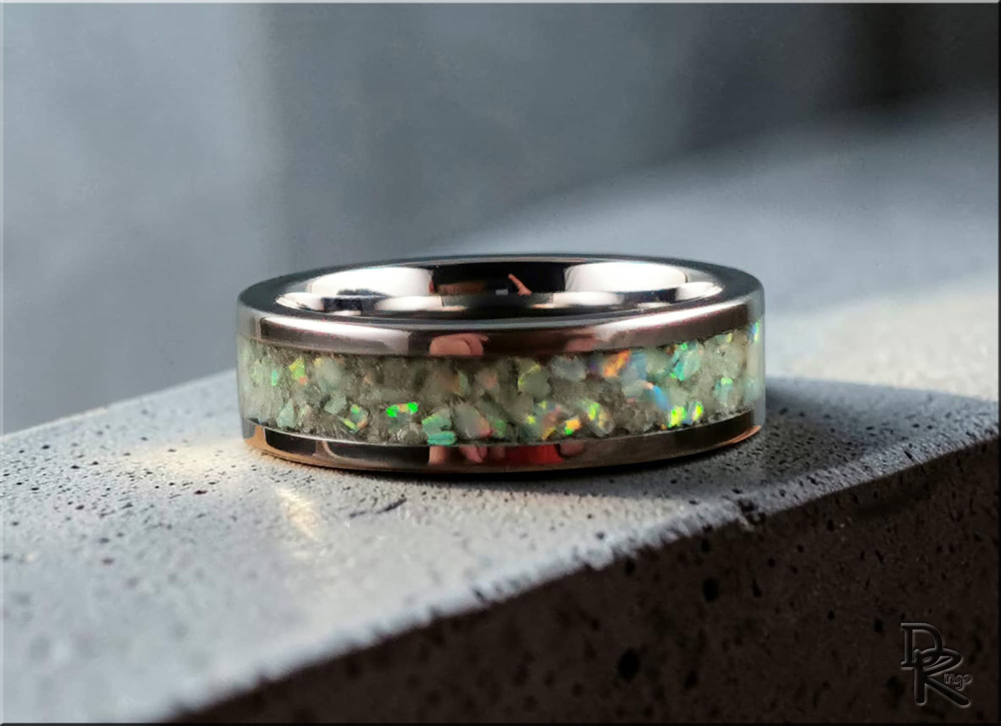 Tungsten ring with opal and glow by DR Rings featuring iridescent inlay and polished metal finish