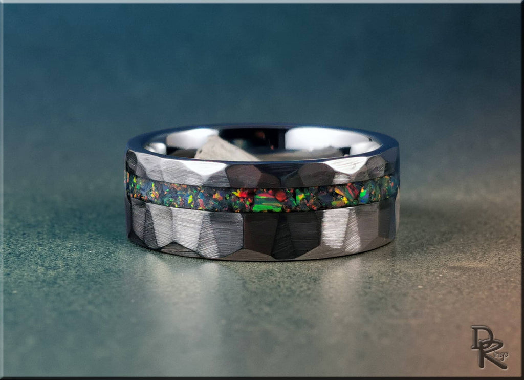 DR Rings tungsten ring with opal inlay featuring a faceted design and colorful opal center strip
