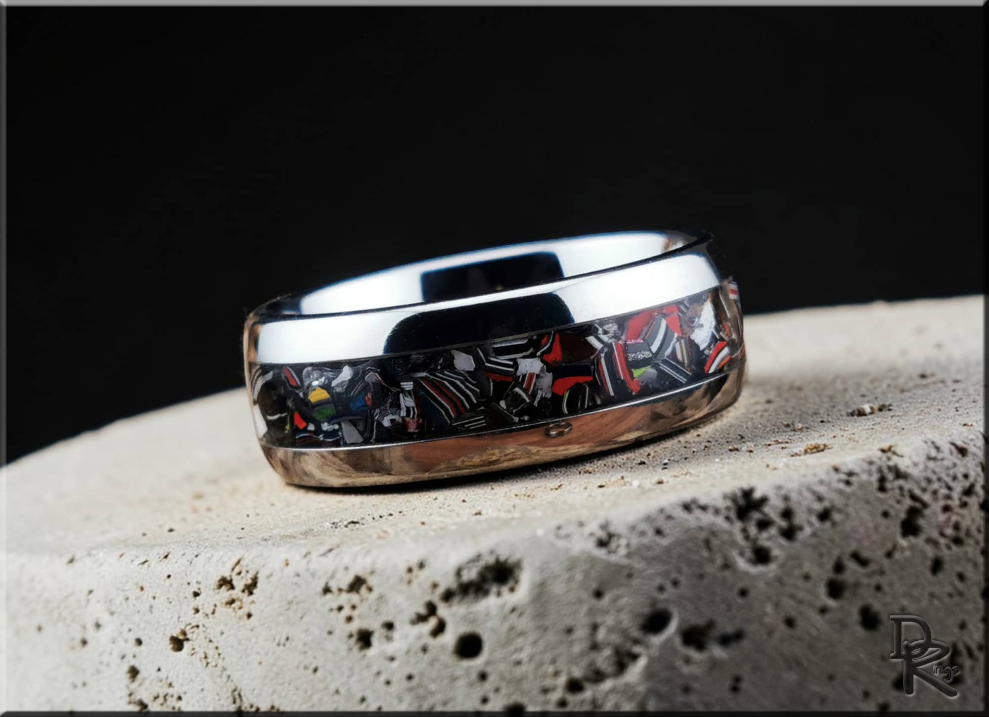 Tungsten Carbide Ring with Vintage Fordite Inlay