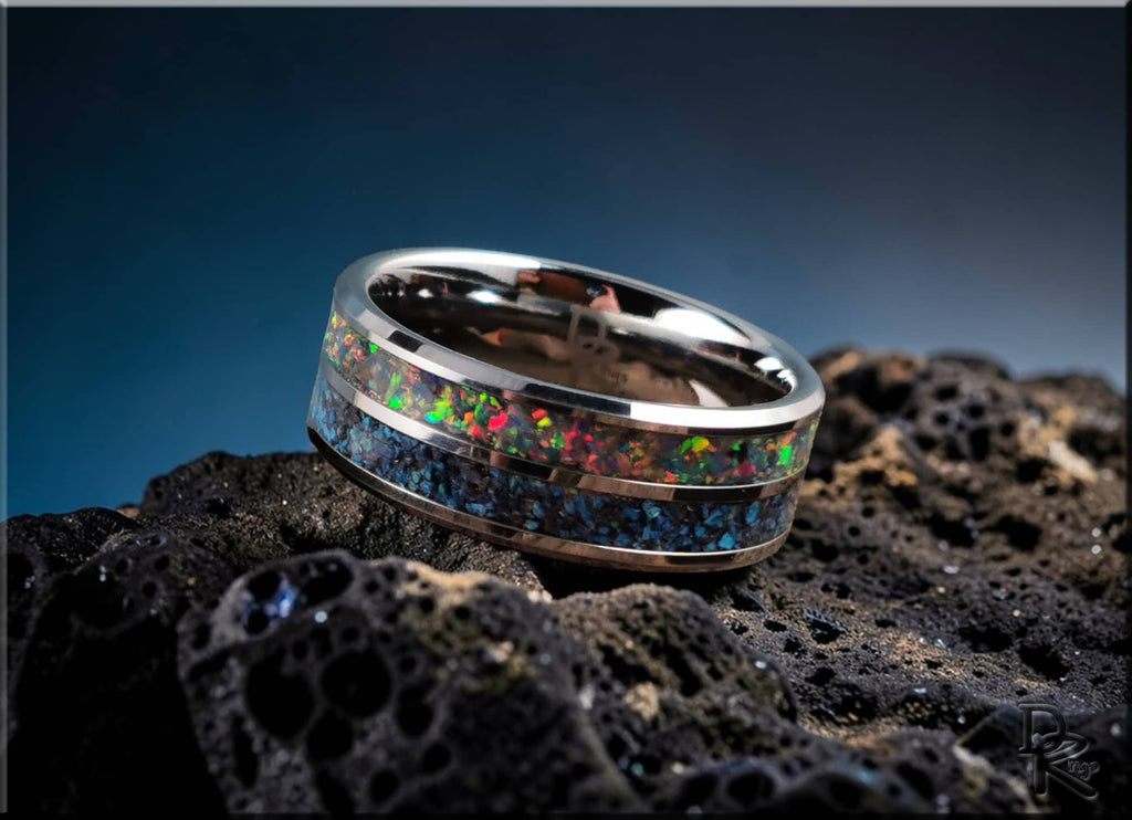 Tungsten Carbide Ring with Shattuckite and Opal Inlays