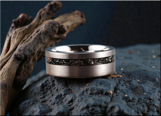 Tungsten Carbide Ring with offset Meteorite inlay, 8mm, brushed finish