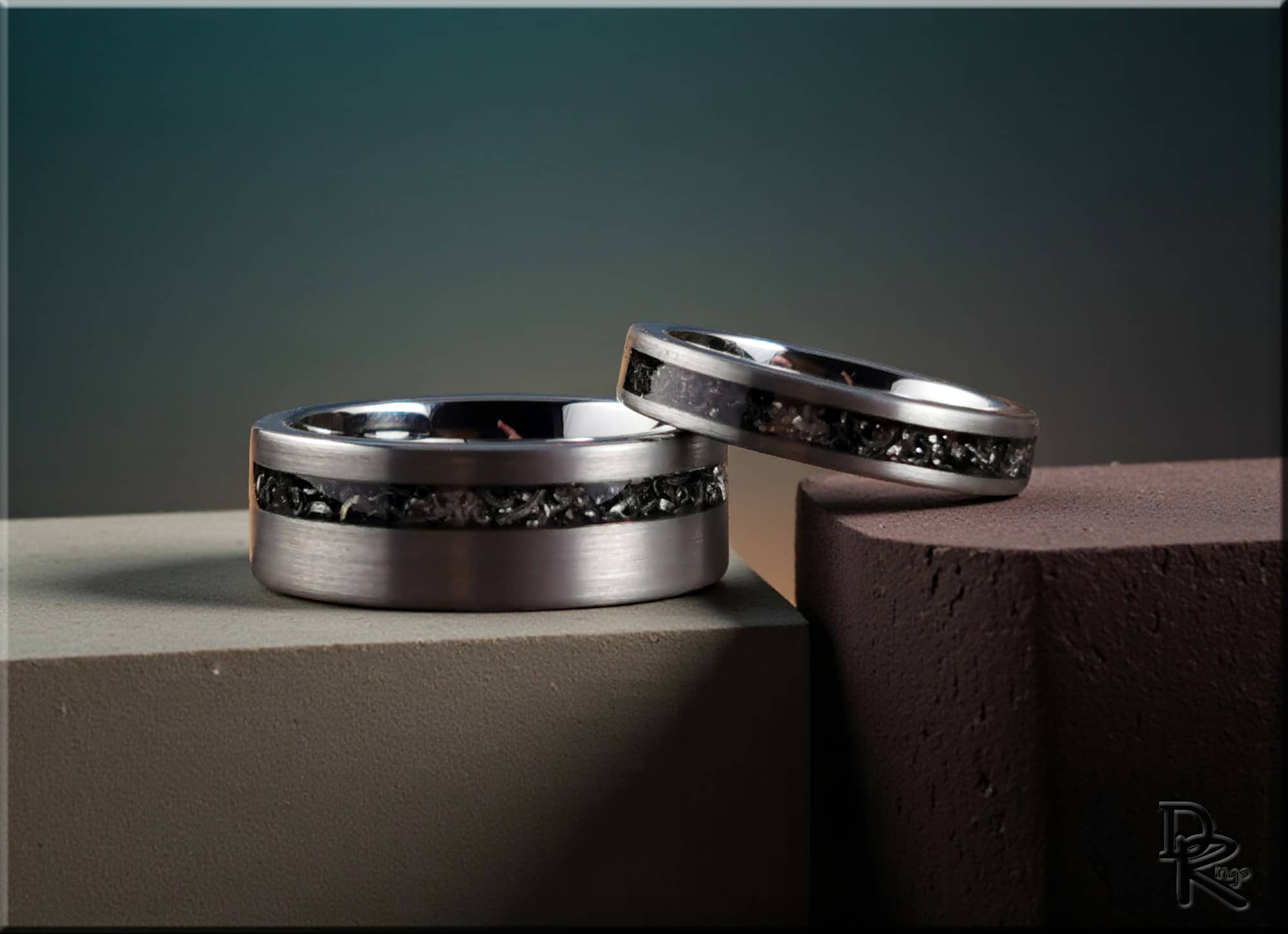Tungsten Carbide Ring Set with Meteorite Inlays