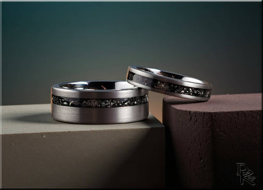 Tungsten Carbide Ring Set with Meteorite inlays, brushed finish