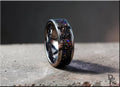 Tungsten Carbide Ring with Dino Bone, Meteorite, Copper, Opal, and Glow inlay