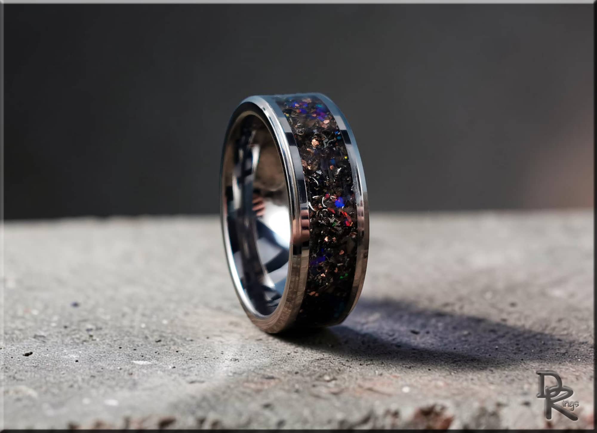 Tungsten Carbide Ring with Dino Bone, Meteorite, Copper, Opal, and Glow inlay