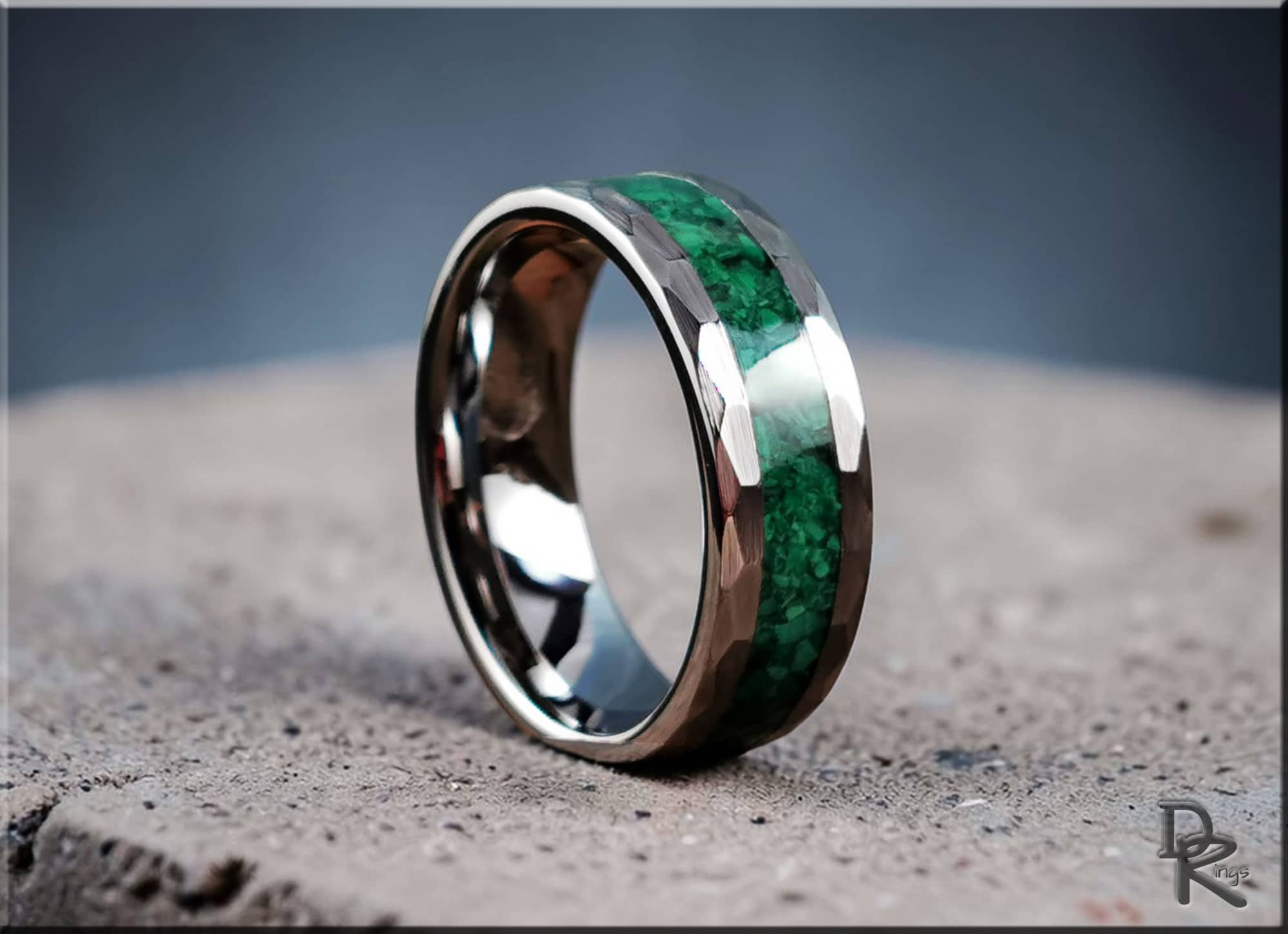 Hammered Tungsten Carbide Ring with Green Malachite Inlay
